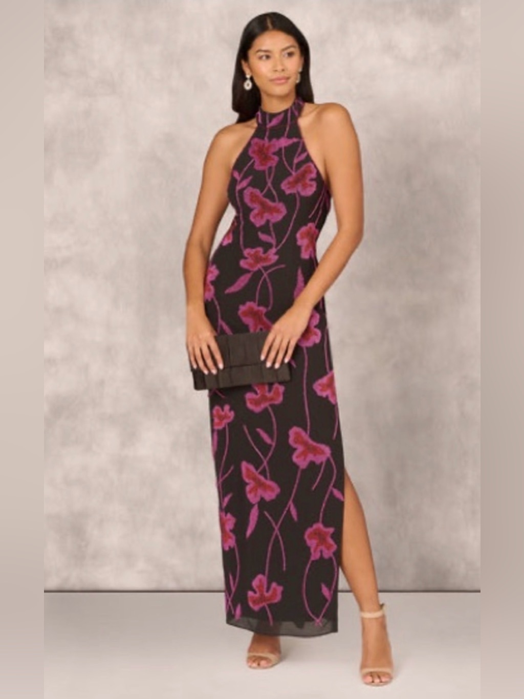 Aidan Mattox Black Maxi Dress With Magenta Floral Print Halter Maxi